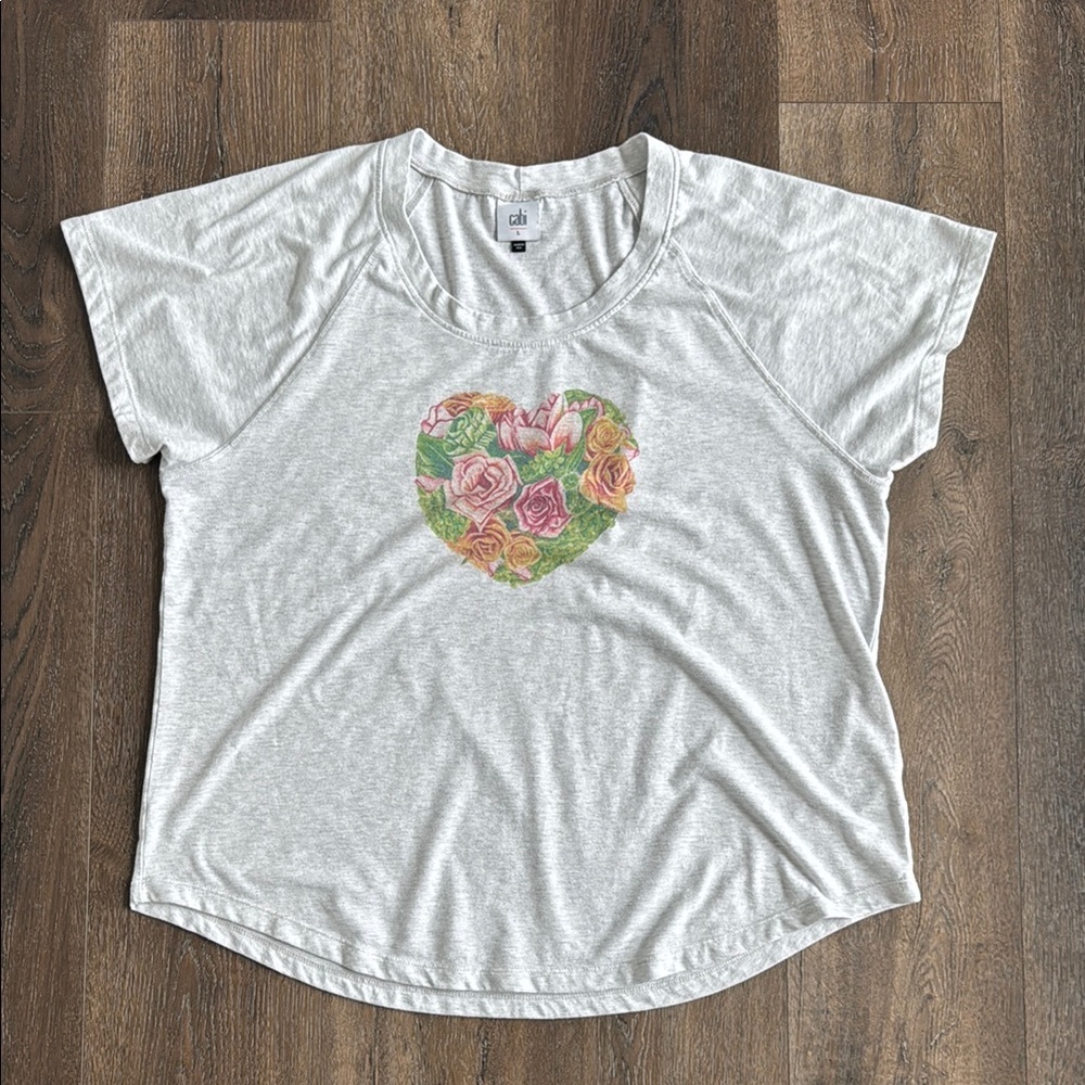 CAbi Short Sleeve Tee with Pink and Green Floral Heart